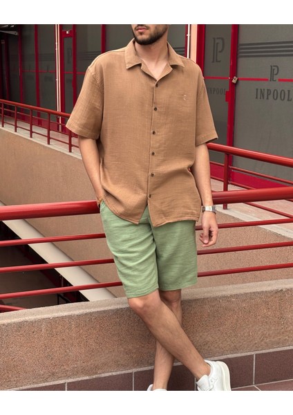 Erkek, apaş yaka, Oversize, %100 pamuk, Müslin dokuma, Kısa kollu gömlek G14