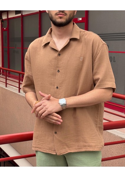 Erkek, apaş yaka, Oversize, %100 pamuk, Müslin dokuma, Kısa kollu gömlek G14 fiyatları