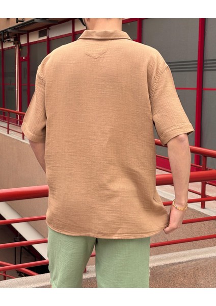 Erkek, apaş yaka, Oversize, %100 pamuk, Müslin dokuma, Kısa kollu gömlek G14 fırsatları