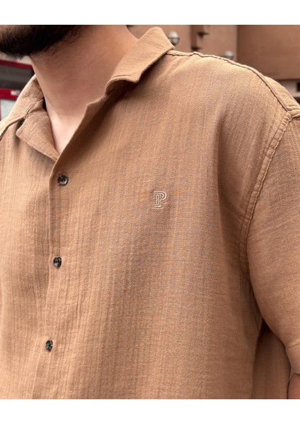 Erkek, apaş yaka, Oversize, %100 pamuk, Müslin dokuma, Kısa kollu gömlek G14 indirimleri