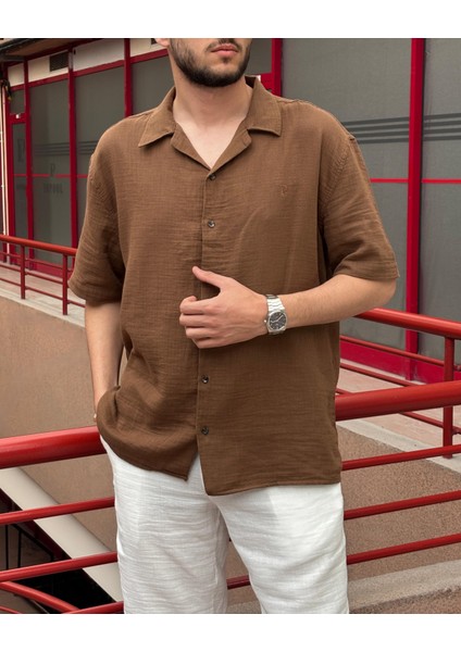 Erkek, apaş yaka, Oversize, %100 pamuk, Müslin dokuma, Kısa kollu gömlek G14