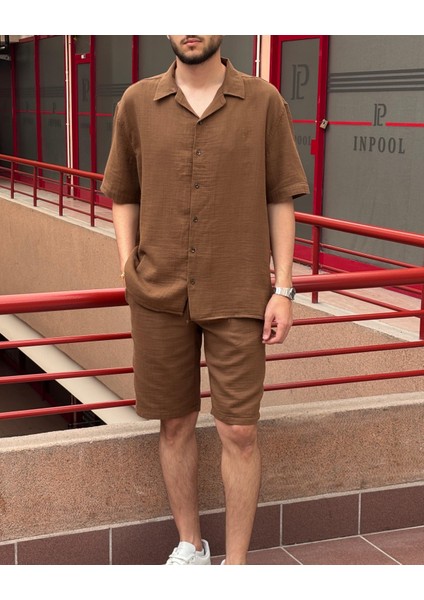 Erkek, apaş yaka, Oversize, %100 pamuk, Müslin dokuma, Kısa kollu gömlek G14 fiyatları