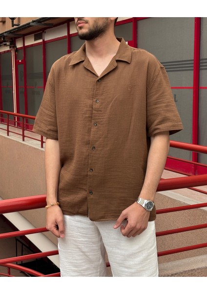 Erkek, apaş yaka, Oversize, %100 pamuk, Müslin dokuma, Kısa kollu gömlek G14 modelleri