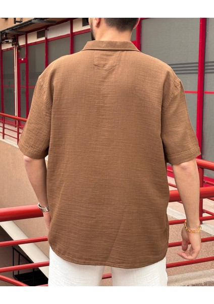 Erkek, apaş yaka, Oversize, %100 pamuk, Müslin dokuma, Kısa kollu gömlek G14 fırsatları