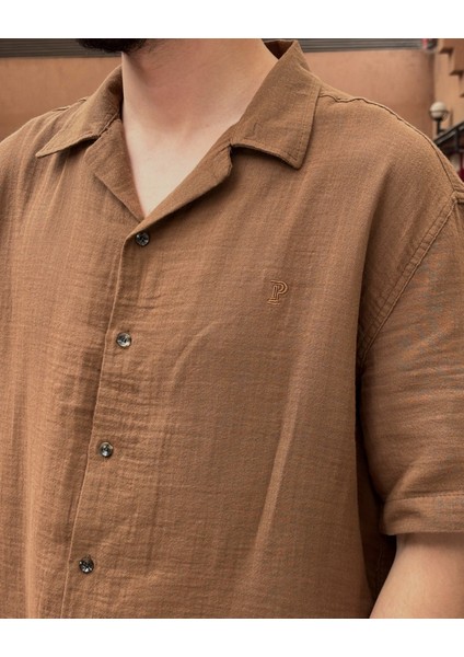 Erkek, apaş yaka, Oversize, %100 pamuk, Müslin dokuma, Kısa kollu gömlek G14 indirimleri