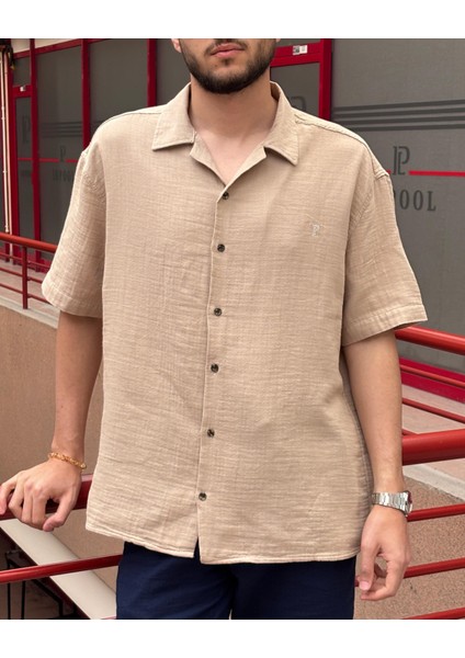 Erkek, Apaş Yaka, Oversize, %100 Pamuk, Müslin Dokuma, Kısa Kollu Gömlek G14