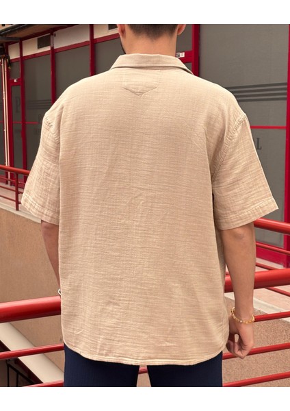 Erkek, Apaş Yaka, Oversize, %100 Pamuk, Müslin Dokuma, Kısa Kollu Gömlek G14