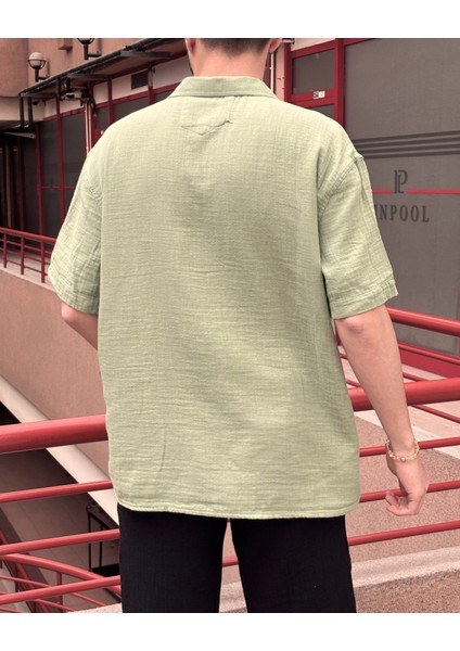 Erkek, Apaş Yaka, Oversize, %100 Pamuk, Müslin Dokuma, Kısa Kollu Gömlek G14
