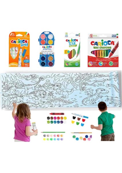 Carioca 4'lü Boyama Seti + Lino Yapışkanlı Boyama Kağıdı 200X30 cm Age Of Dınosaurs