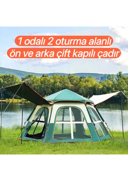 Tam Otomatik Su ve Rüzgar Geçirmez Gölgelikli Altıgen Çadır Aile Çadırı 280*240*155 cm