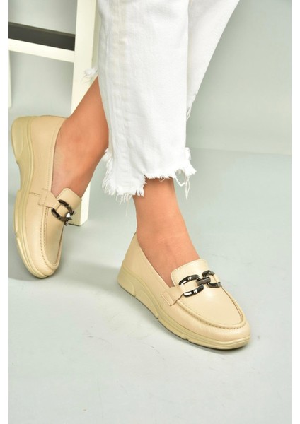 T555081403 Bej Hakiki Deri Günlük Kadın Ayakkabı