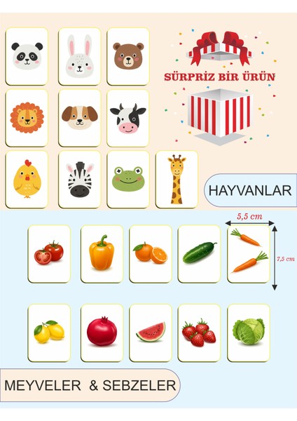 Zeka Kartları Eğitici Oyuncak Hafıza Kartı Hayvan ve Meyveler Eğitici Puzzle Oyuncak ( 5,5 x 7,5 Cm)