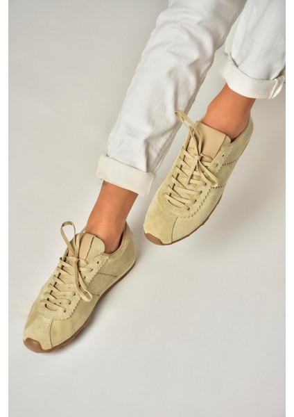 U312311602 Bej Hakiki Deri Süet Kadın Spor Ayakkabı Sneakers