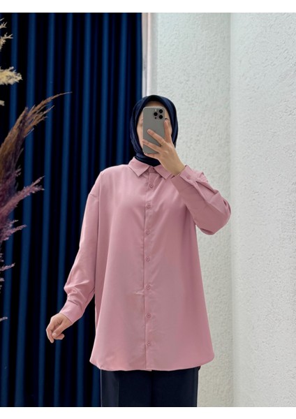 Sorira Önü Kısa Arkası Uzun Kolu Düğme Detaylı GÖMLEK-Zİ4054 Gül Kurusu