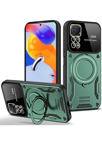 Xiaomi Redmi Note 11 Pro Kılıf Joy Lens Standlı Kapak - Koyu Yeşil Zrnet