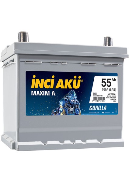2025 Üretim Inci Akü 12V 55 Ah Dar Otomobil ve Hafif Ticari Maxım A Gorılla (Asya)