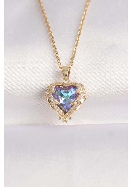 316L Çelik Zincir Altın Renk Zirkon Taşlı Mavi Mor Renkli Kalp Figür Kolye