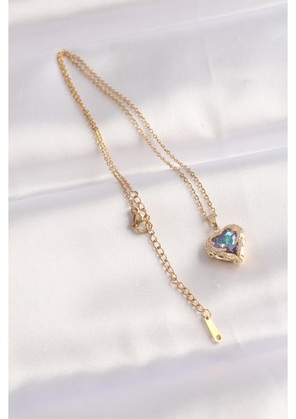 316L Çelik Zincir Altın Renk Zirkon Taşlı Mavi Mor Renkli Kalp Figür Kolye fiyatları
