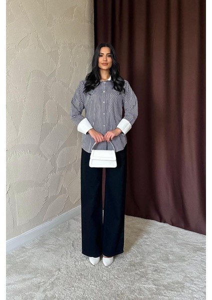 Siyah Çizgili Poplin Uzun Kol Gömlek