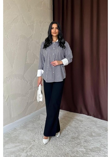 Siyah Çizgili Poplin Uzun Kol Gömlek