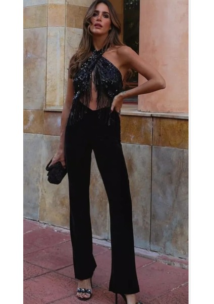 Siyah Pullu Kadife Tulum, Abiye Tulum, Zara Modeli Pullu Püsküllü Kadife Tulum. Sırtı Açık Tulum