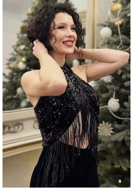 Siyah Pullu Kadife Tulum, Abiye Tulum, Zara Modeli Pullu Püsküllü Kadife Tulum. Sırtı Açık Tulum