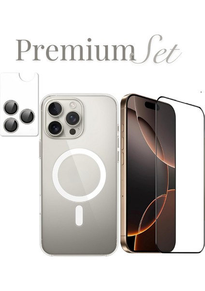 (Premıum Set) 16 Pro Max Uyumlu Armor Tam Ekran Koruyucu + (Ic) Magsafe Kılıf + Armor Lens Koruyucu