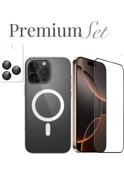 (Premıum Set) 16 Pro Max Uyumlu Armor Tam Ekran Koruyucu + (Ic) Magsafe Kılıf + Armor Lens Koruyucu