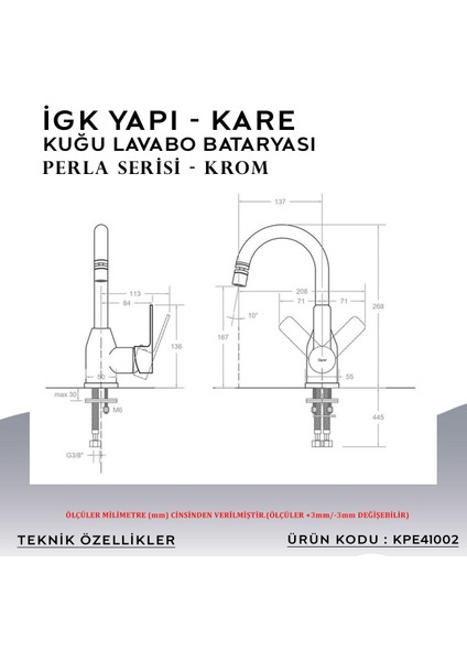 Igk Yapı – Kare KPE41002 Perla Kuğu Lavabo Bataryası