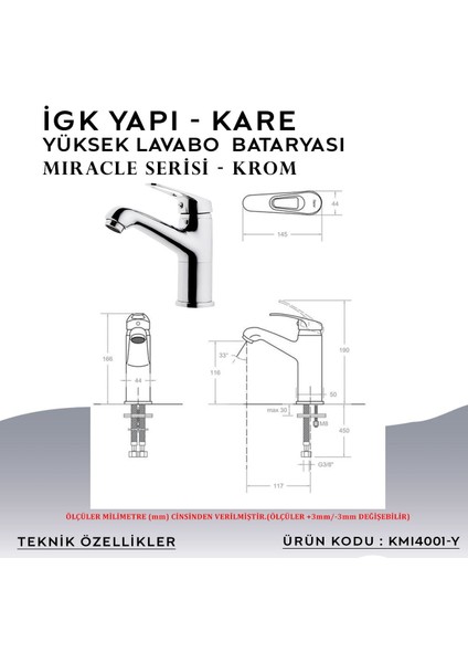 Igk Yapı – Kare KMI4001-Y Miracle Yüksek Lavabo Bataryası