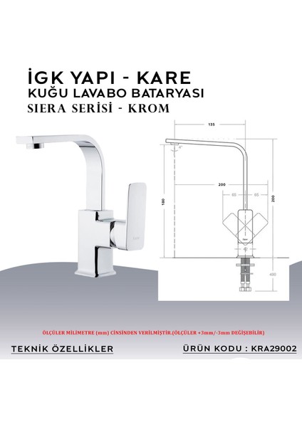 Igk Yapı – Kare KRA29002 Siera Kuğu Lavabo Bataryası