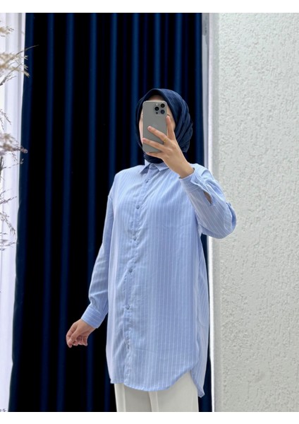 Sorisa Önü Kısa Arkası Uzun Çizgili GÖMLEK-Zİ3123 Mavi