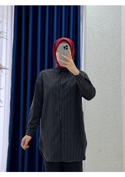 Sorisa Önü Kısa Arkası Uzun Çizgili GÖMLEK-Zİ3123 Siyah