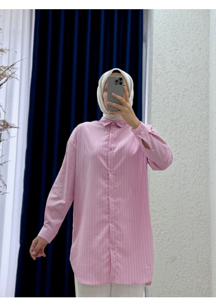 Sorisa Önü Kısa Arkası Uzun Çizgili GÖMLEK-Zİ3123 Pembe