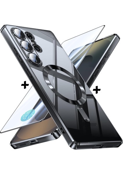 Samsung Galaxy S25 Ultra Kılıf Magsafe Şarj Destekli Renkli Parlak Kenarlı Arkası Şeffaf Silikon + Ekran Koruyucu Cam Set 2in1