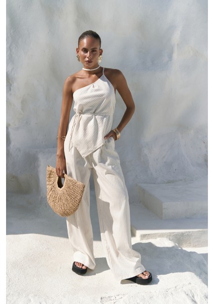 Behin Çizgili Bağlamalı Bej Crop Pantolon Takım