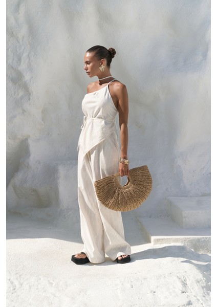 Behin Çizgili Bağlamalı Bej Crop Pantolon Takım fiyatları