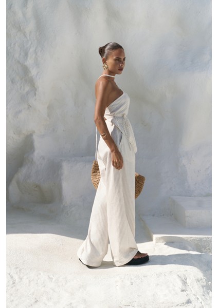 Behin Çizgili Bağlamalı Bej Crop Pantolon Takım modelleri