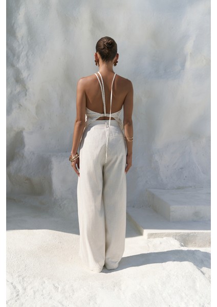 Behin Çizgili Bağlamalı Bej Crop Pantolon Takım fırsatları