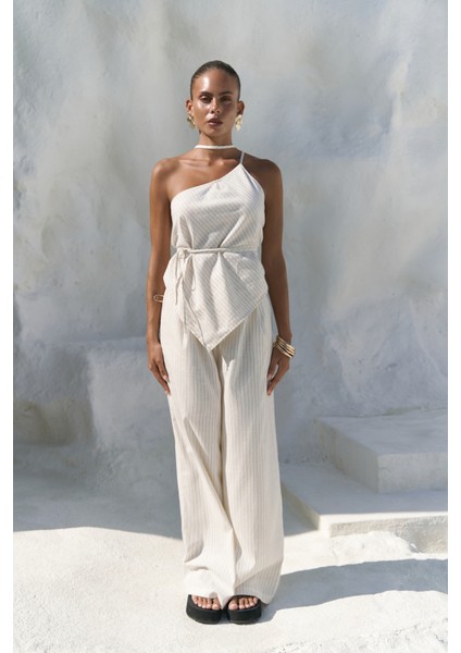 Behin Çizgili Bağlamalı Bej Crop Pantolon Takım indirimleri