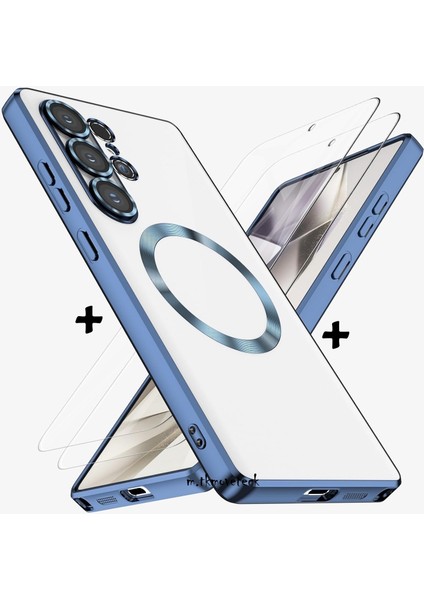 Samsung Galaxy S22 Ultra Kılıf Magsafe Şarj Destekli Renkli Parlak Kenarlı Arkası Şeffaf Silikon + Ekran Koruyucu Cam Set 2in1