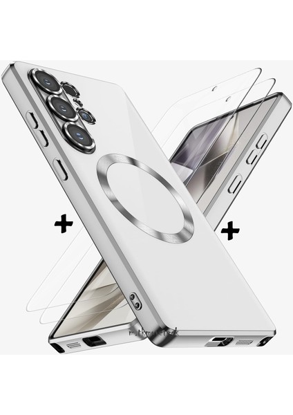 Samsung Galaxy S25 Ultra Kılıf Magsafe Şarj Destekli Renkli Parlak Kenarlı Arkası Şeffaf Silikon + Ekran Koruyucu Cam Set 2in1