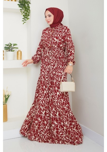 Sevil Yarım Düğmeli Dokuma Viskon Elbise 1504 - Bordo