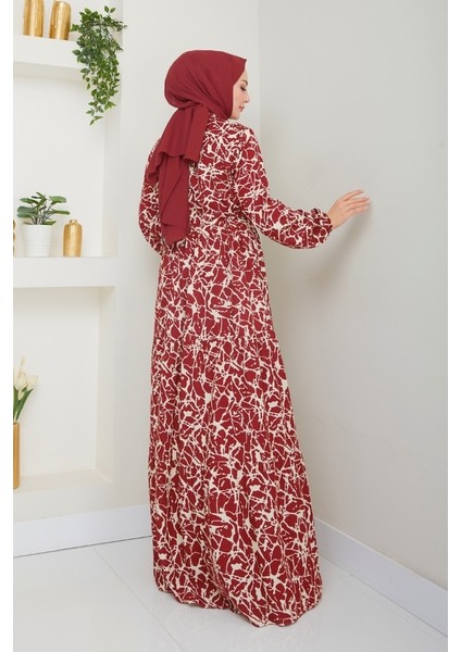 Sevil Yarım Düğmeli Dokuma Viskon Elbise 1504 - Bordo modelleri