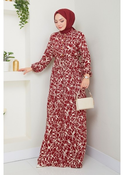 Sevil Yarım Düğmeli Dokuma Viskon Elbise 1504 - Bordo fırsatları