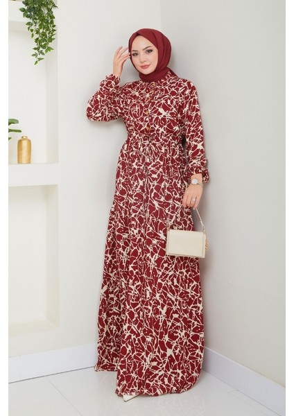 Sevil Yarım Düğmeli Dokuma Viskon Elbise 1504 - Bordo indirimleri