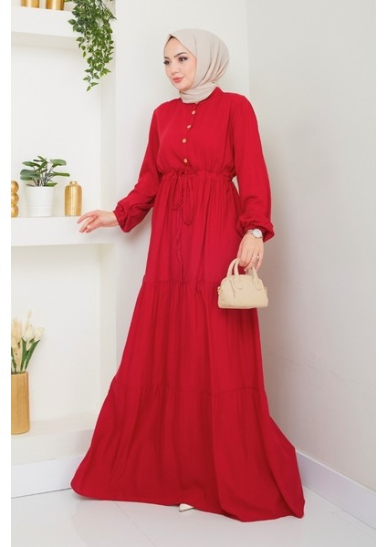 Yasen Yarım Düğmeli Dokuma Viskon Elbise 1508 - Bordo