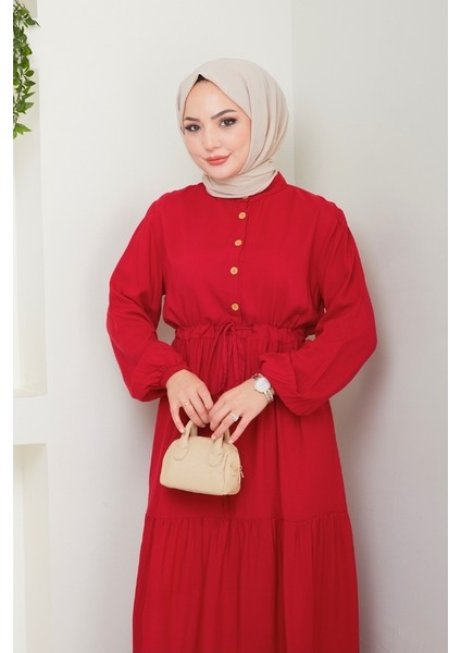 Yasen Yarım Düğmeli Dokuma Viskon Elbise 1508 - Bordo fiyatları