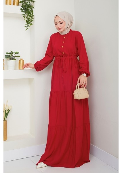 Yasen Yarım Düğmeli Dokuma Viskon Elbise 1508 - Bordo modelleri