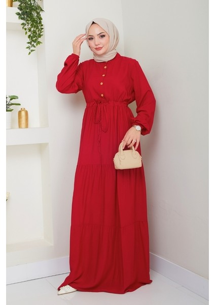 Yasen Yarım Düğmeli Dokuma Viskon Elbise 1508 - Bordo fırsatları